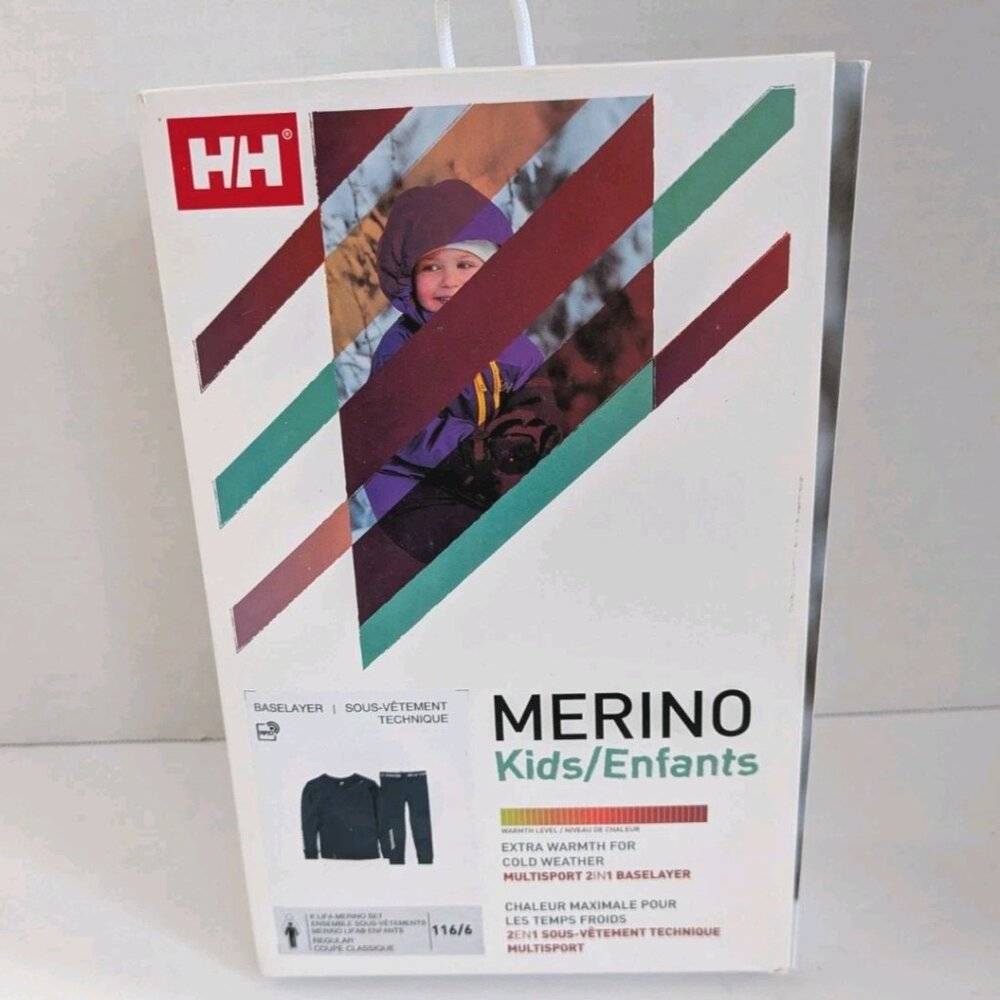 Helly Hansen Kids Merino Wool Base Layer Set NWT Sz US 6 EU 116 Top/Bottom Navy